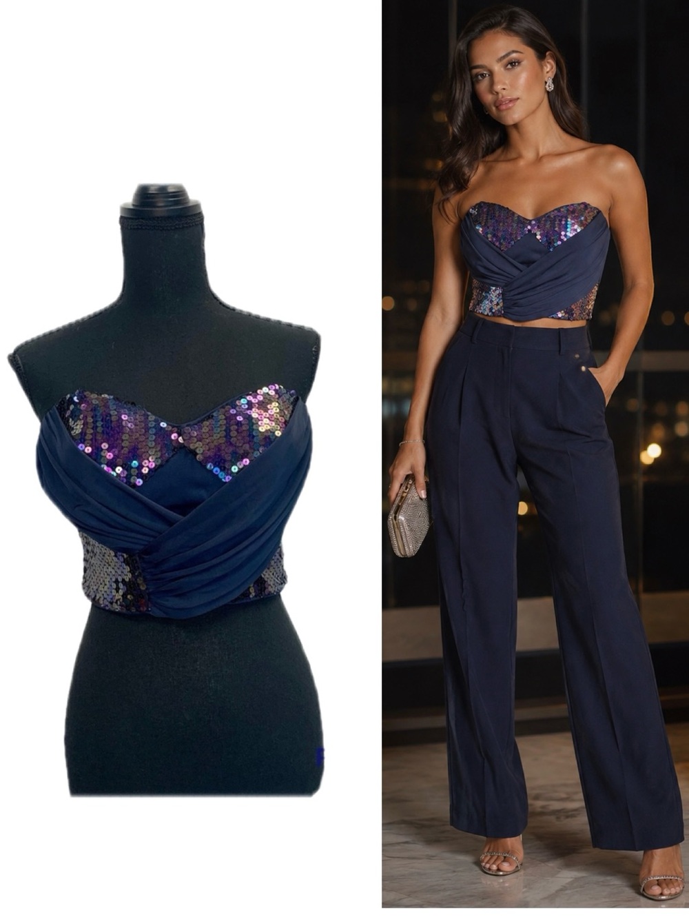 BEBE Navy blue purple sequin wrap draped sweetheart bustier corset crop top Sz L